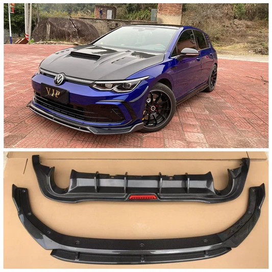 Volkswagen Golf 8 R GTI 2019-2022 Real Carbon Fiber Bumper Front Lip + Rear Diffuser + Side Skirts + Spoiler+ Hood